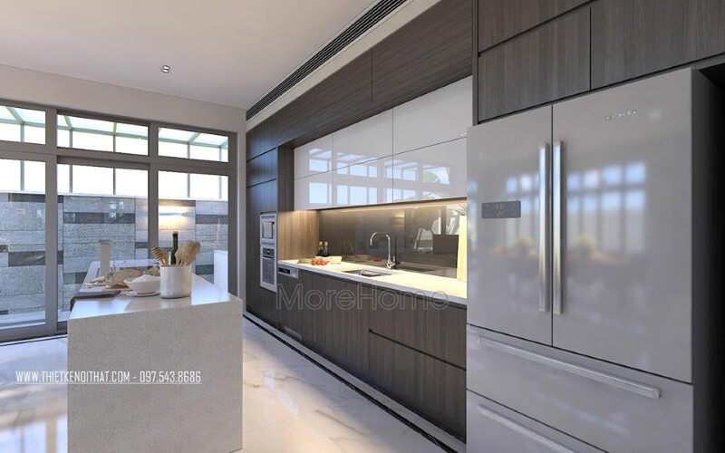 Tủ bếp gỗ công nghiệp acrylic đồng màu và đá ốp cao cấp được sử dụng để thiết kế nội thất phòng bếp hiện đại và sang trọng.