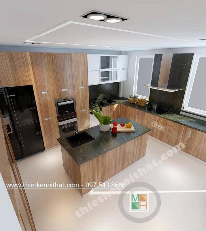 Mẫu tủ bếp chữ L được làm từ gỗ công nghiệp kết hợp với đá ốp bàn bếp màu đen cao cấp, tạo nên một phong cách hiện đại và đẹp mắt.